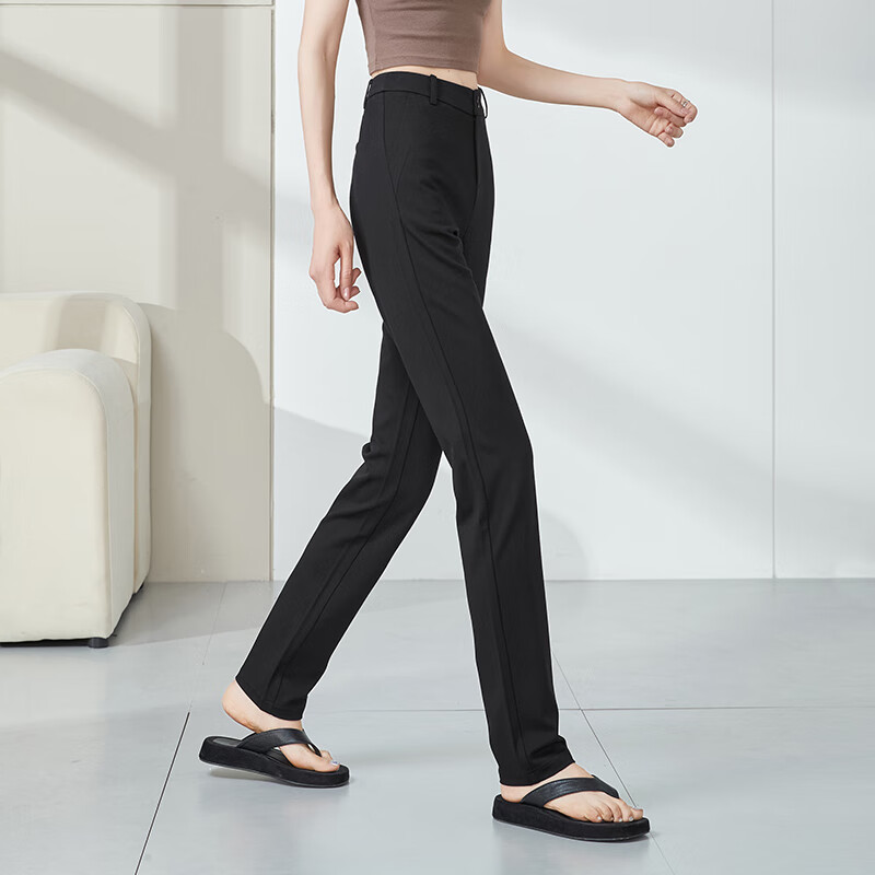 ESE-Y Black Straight-Leg Flared Pants for Women, Summer New High-Waist Casual Cigarette Trousers, Black, Size 30