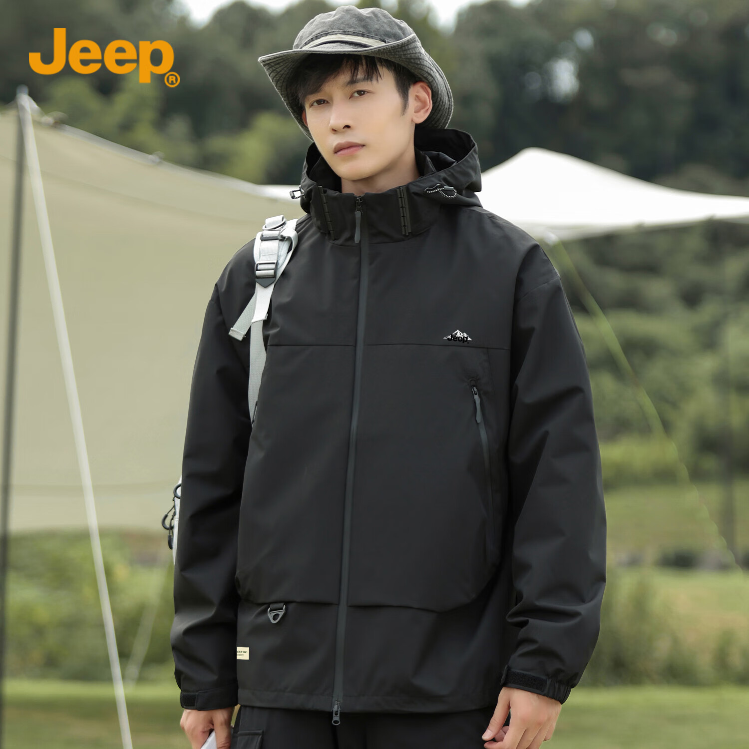 JEEP Men's Jacket, Spring And Autumn Loose-Fitting Hooded Sports Outdoor Clothing, Men's Outerwear 074, Black, Size L