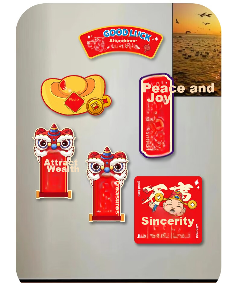 Aimohui Refrigerator Magnets, Soft Magnetic Fortune Attracting Stickers for Home Spring Festival Decoration, Full of Good Luck, Creative Stickers, Set of Six 8