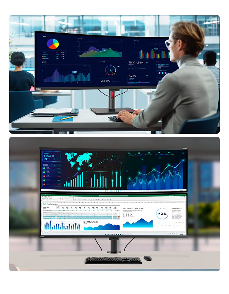 Lenovo ThinkVision 49-Inch 5K Curved Screen IPS Technology, 3800R Curved, Built-In Speakers, Rotating And Height-Adjustable Stand, Ultrawide Office Design Monitor P49w-30 9