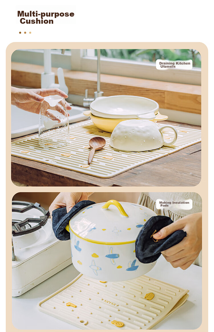 Shuke Orange Cat Draining Mat, Kitchen Silicone Bowl And Chopstick Mat, Absorbent Tabletop, Hand Washing Storage, Heat-Insulating Draining Curtain, Gadget 10