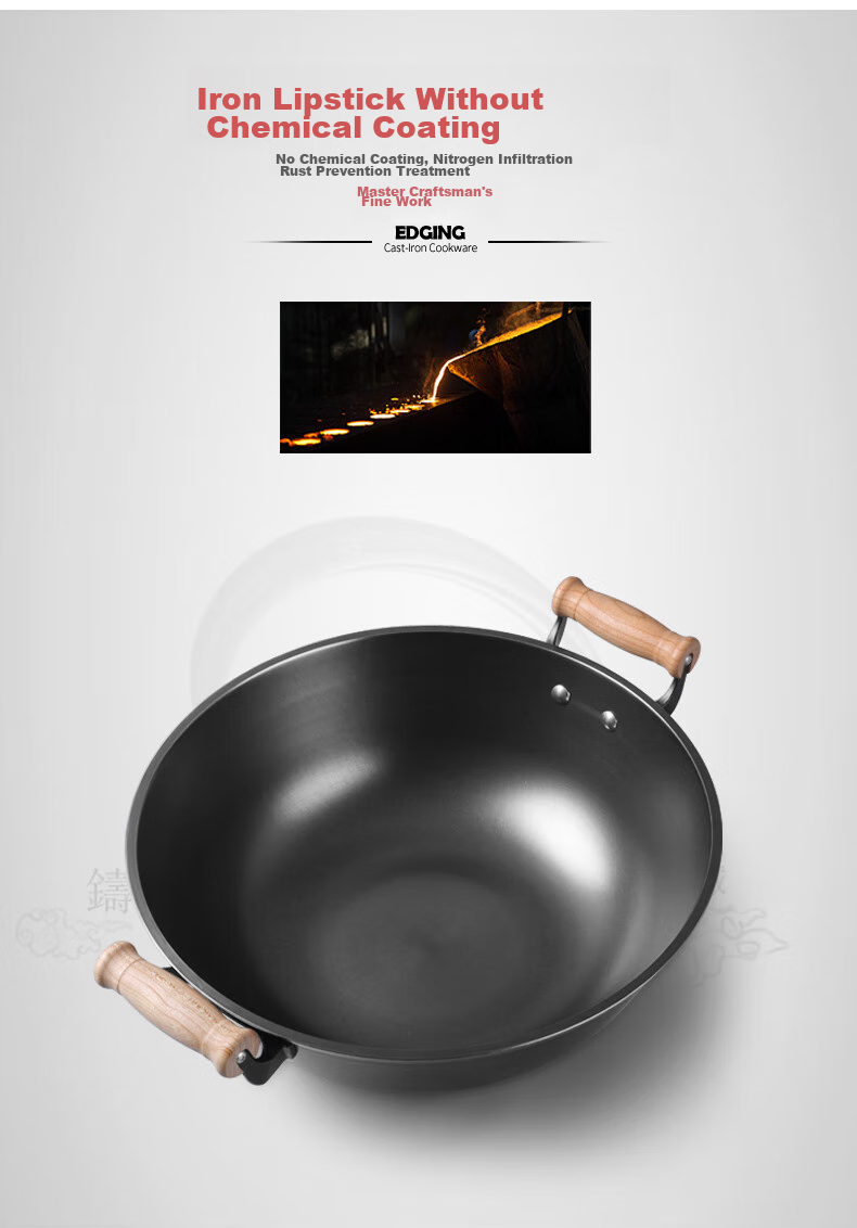 Dianjiang Cast Iron Wok, 34cm Traditional Uncoated Stir-Fry Pan, Non-Stick, Household Flat-Bottom Raw Iron Frying Pa 3