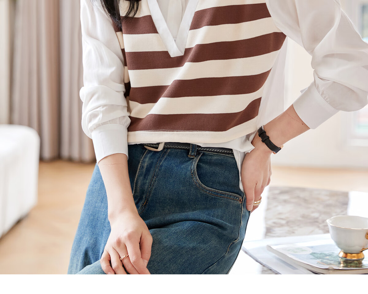 Chushen Thin Long-Sleeve Blouse for Women, Stylish Faux Two-Piece Striped Casual Shirt Top S13QC2942 23