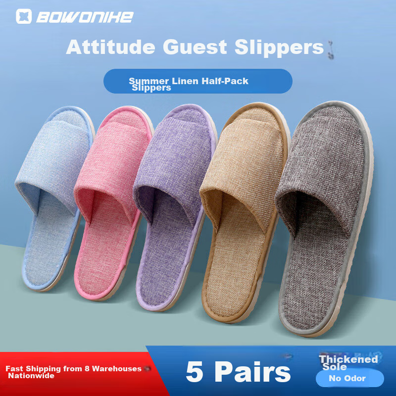 BWNK Disposable Slippers for Home, Guests, Hotels, Travel, Portable, Thickened Non-Slip Slippers for Men And Women, 5 Colors 5 Pairs Linen Style