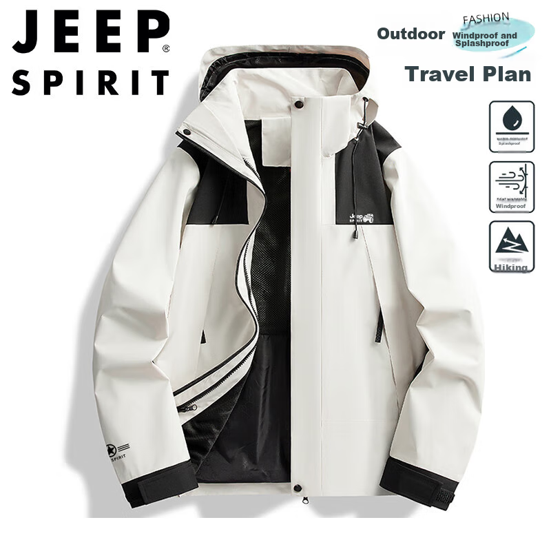 JEEP SPIRIT Windbreaker Jacket for Spring And Autumn, Men's Casual Outerwear, Sports Windproof Mountaineering Coat, Ivory White, Size L