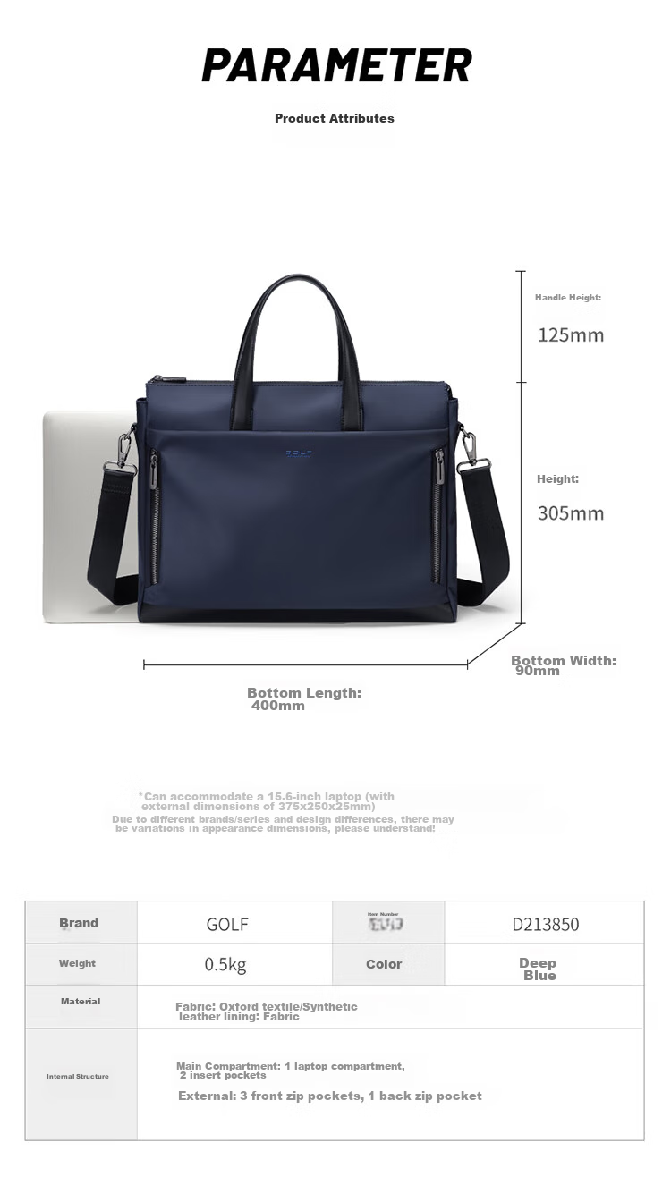 GOLF Business Briefcase, Large Capacity Handbag for Men, Can Hold 15-Inch Laptop, Horizontal Style with Multiple Compartments, Casual Shoulder Crossbody Bag for Men, 5I768305J, Navy Blue 14