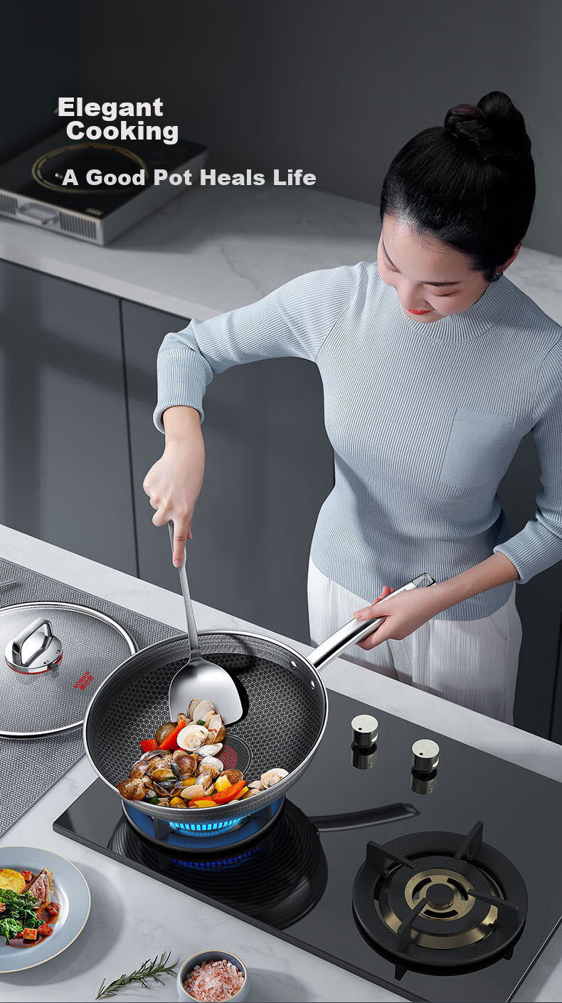 KBH Non-Stick Wok, Antibacterial Stainless Steel Frying Pan, Double Honeycomb Flat Bottom Pan with Red Dot, 32cm, Compatible with Induction Cooker And Gas Stove 16