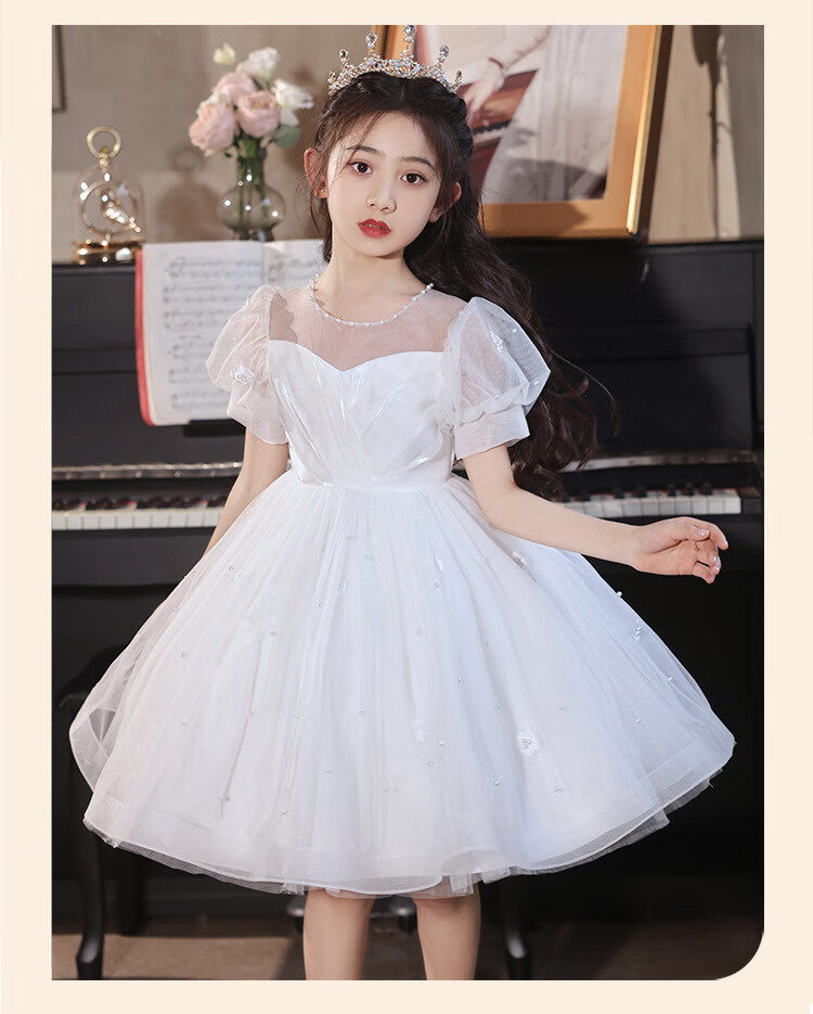 LUOBOBEIBEI Girls' Formal Dress, Children's Birthday Princess Dress, Flower Girl Wedding Dress, Host Piano New Year Costume, White Dress, Size 150 15