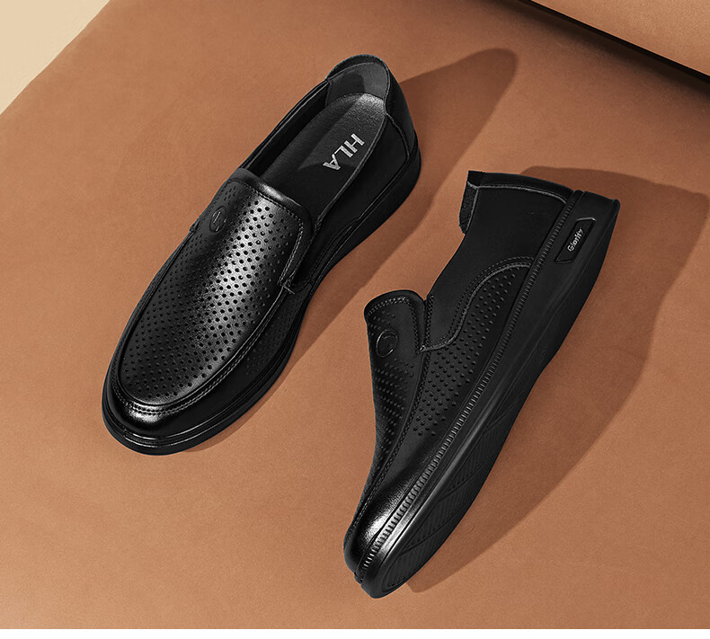 HLA Men's Leather Shoes, Business Casual Breathable Slip-On Leather Sandals for Men HAAPXM2FBH182, Black, Size 39 11