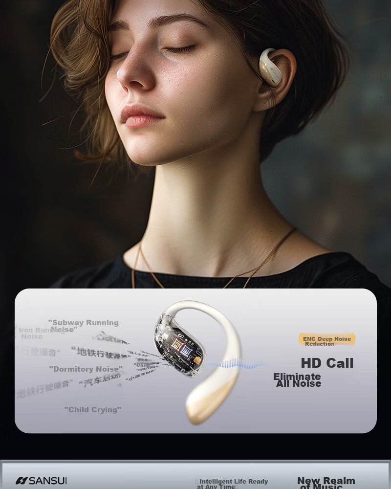 SANSUI [Major New Product | Three Major Upgrades] T19/W19 Bluetooth Headphones, Over-Ear Bone Conduction Concept, Non-In Open Wireless Noise-Cancelling Sports Headphones, Compatible with Xiaomi 15