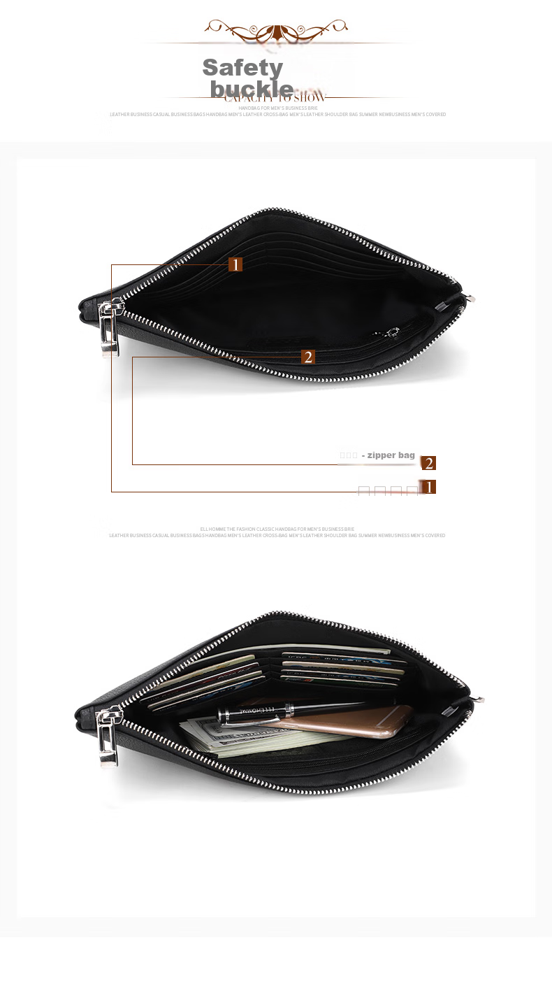 ELLE HOMME Business Boutique Same Style Clutch Bag, Men's Top-Grain Leather Handbag, Tiger Head Embroidery Large Capacity Casual Handbag Envelope Bag EB058701401 Black, Birthday Gift for Boyfriend 8