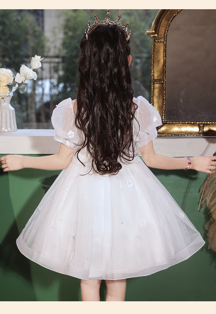 LUOBOBEIBEI Girls' Formal Dress, Children's Birthday Princess Dress, Flower Girl Wedding Dress, Host Piano New Year Costume, White Dress, Size 150 18