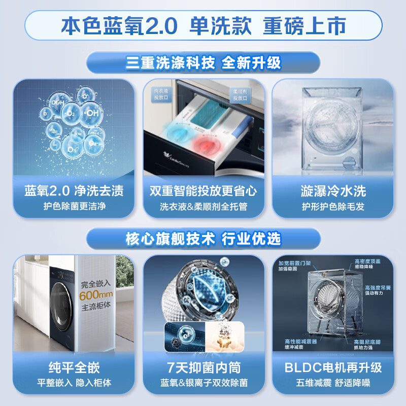 小天鹅（LittleSwan）滚筒洗衣机全自动 纯平全嵌【本色蓝氧2.0 TG100V89PRO】护色洗 1.1洗净比 超薄 以旧换新 10公斤