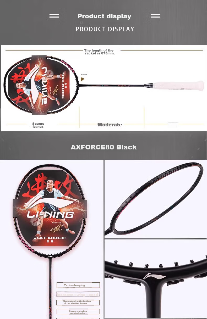 Li-Ning Badminton Racket, Leiting 80 Full Carbon, Chen Long's Battle Racket, Offensive Type, Black And Gold Color Scheme, High-End Racket, 3U Unstrung Racket 11