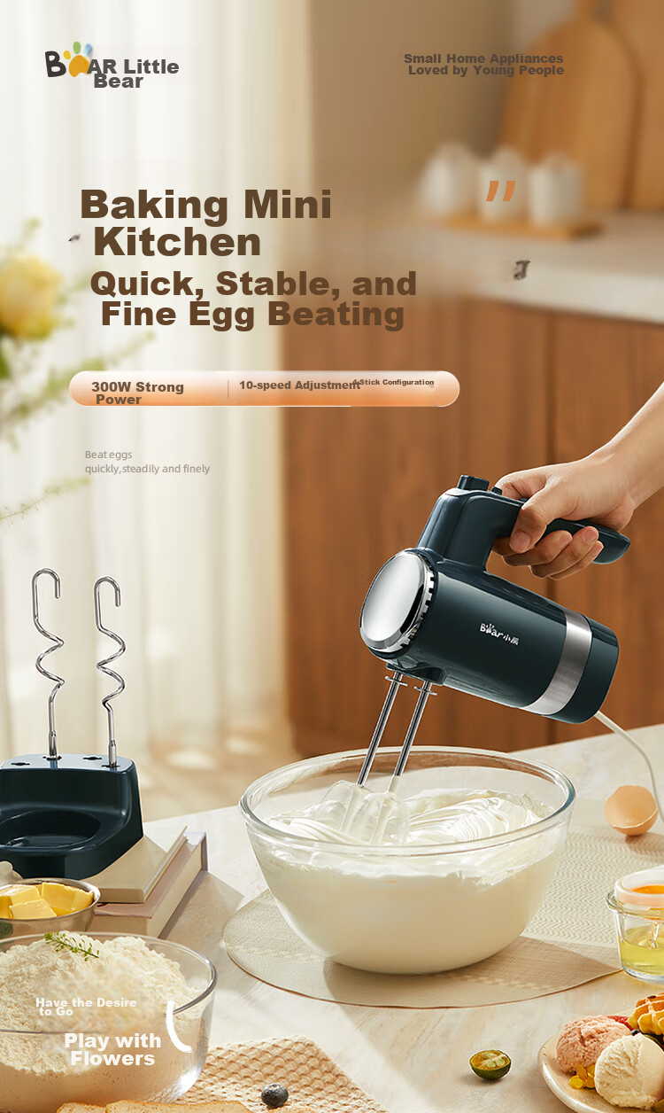 Bear Egg Beater, 304 Stainless Steel Whisk, Household Electric Egg Beater, Mini Cream Whipper, Handheld Automatic Mixer for Baking, DDQ-F01K3 2