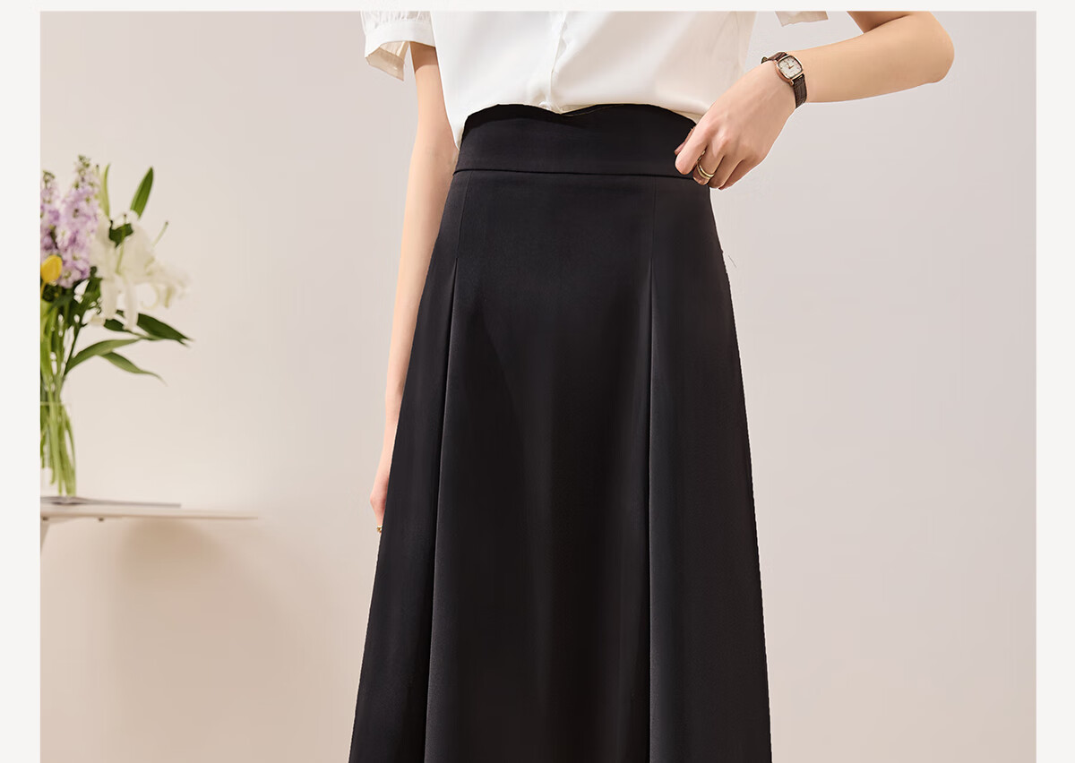Chushen Spring And Autumn Midi Skirt for Women, Professional Commute OL Style, Black Mid-Length Draping High-Waist A-Line Flared Skirt S13JB2806 2