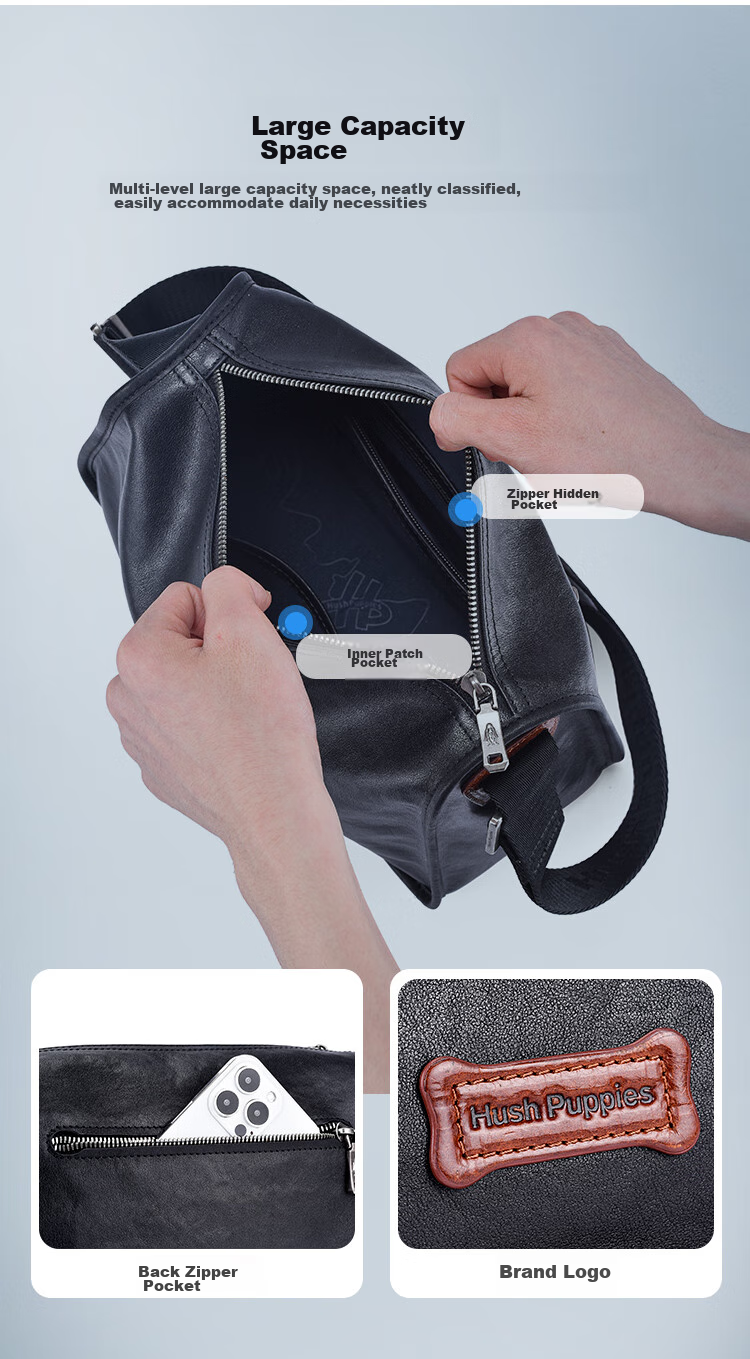 Hush Puppies Shoulder Bag for Men, Top-Grain Leather Business Commute Crossbody Bag, Large Capacity Simple Sling Bag, Birthday Gift 3