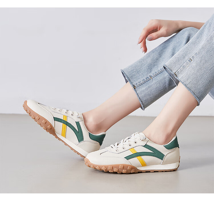 ZHR Casual Shoes for Women, Trendy Comfortable Lightweight Women's Shoes, Genuine Leather Color-Block Soft-Soled Sneakers for Women A113 Beige-Green Size 37 17