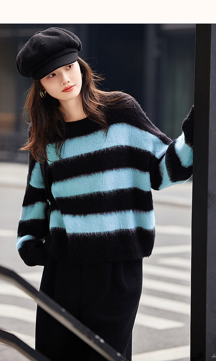 DME Fashionable Casual Style Winter Round Neck Raglan Sleeve Faux Fur Striped Elegant Color Block Knit Sweater Women's Top, Purple XL 18