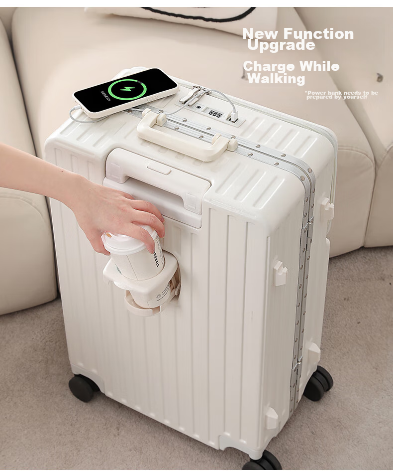 DULA Aluminum Frame Front-Opening Cup Holder Luggage Suitcase with Handle, USB Charging Travel Case, Password Lock, Glossy Black, 24 Inches 6