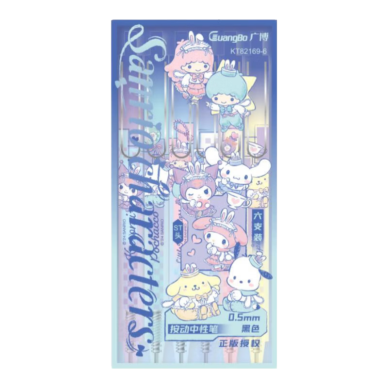 GuangBo & Sanrio Retractable Gel Pen, Stylish Cute ST Tip Exam Pen 0.5mm for Students Black Ink Pen 6-Pack Gift for Girls KT82169-6