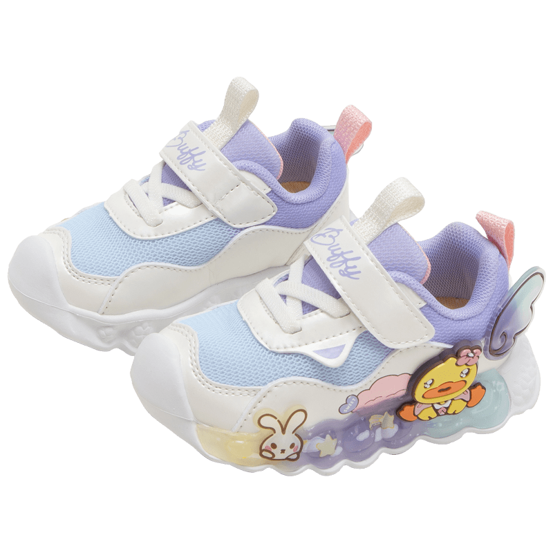 B.Duck Children's Shoes, Girls' Soft-Soled Sneakers, Light-Up Shoes with Flashing Lights, Spring And Autumn Season Bright-Light Shoes, Light Blue, Size 29