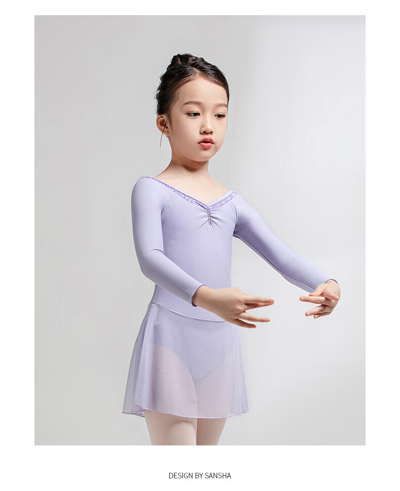 Sansha Ballet Practice Dress, Children's Dance Costume Long-Sleeve Dress Chiffon V-Neck Lace Bodysuit Dress, Light Blue, M 17