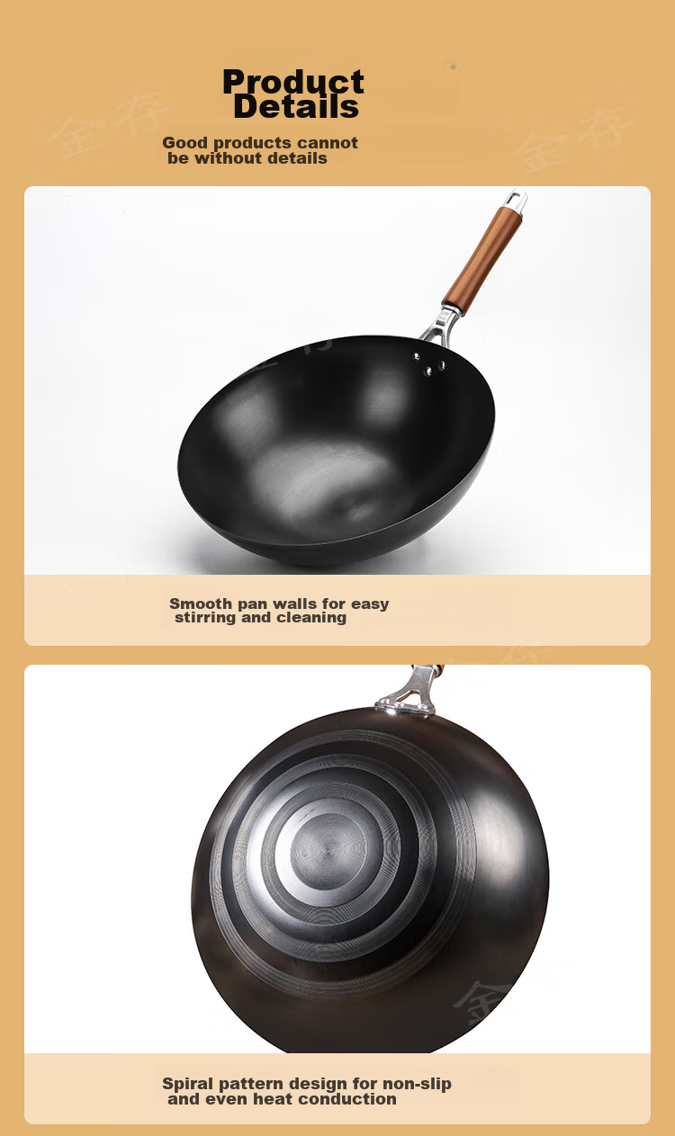 Jincun Wok Iron Pan Lightweight Stir-Fry Pan Non-Coated Rust-Resistant Round Bottom Pure Iron Non-Stick for Gas Stove 34cm 10