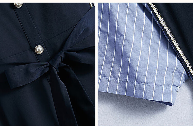 Dme [French Light Mature Commuter Style], Summer Simple Style, Turn-Down Collar, Waist-Cinching Short-Sleeve, Vintage Striped Patchwork Dress for Wome 11