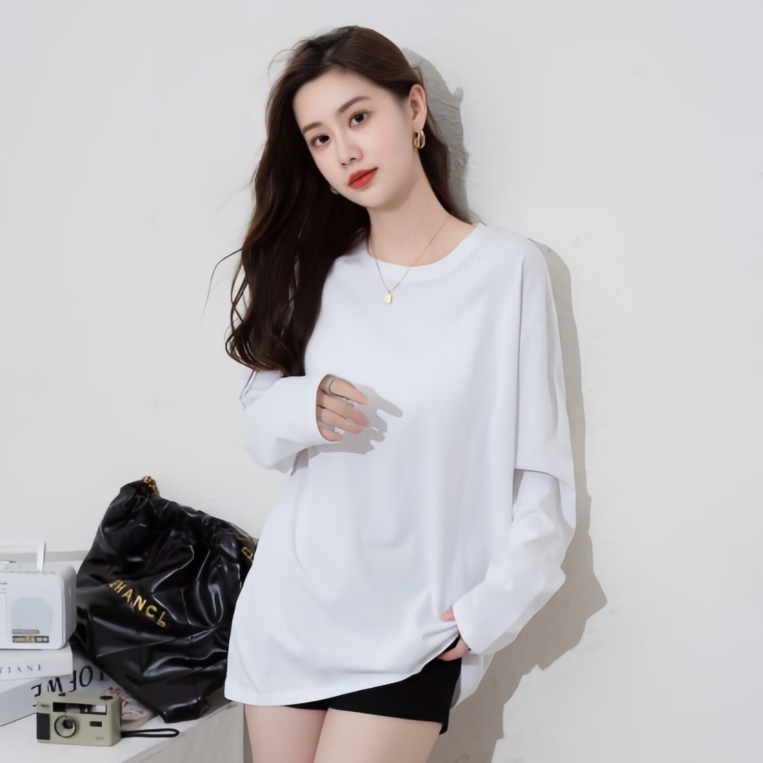 NOME Long-Sleeve T-Shirt for Women, 2024 New Spring And Autumn Style, Pure Cotton Mid-Length Loose Comfortable Base Layer Solid Color Top, White, XL