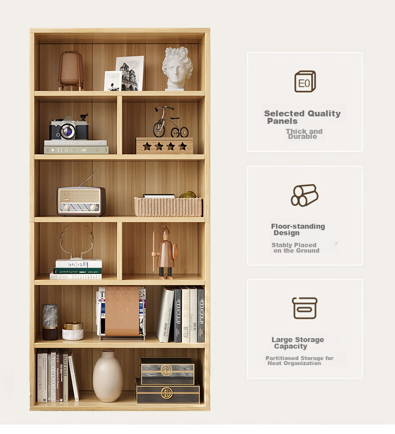 KULIN Floor-Standing Simple Bookshelf, Multi-Tier Storage Rack, Living Room Bedroom Storage Cabinet, 6 Tiers, Natural Wood Color 3