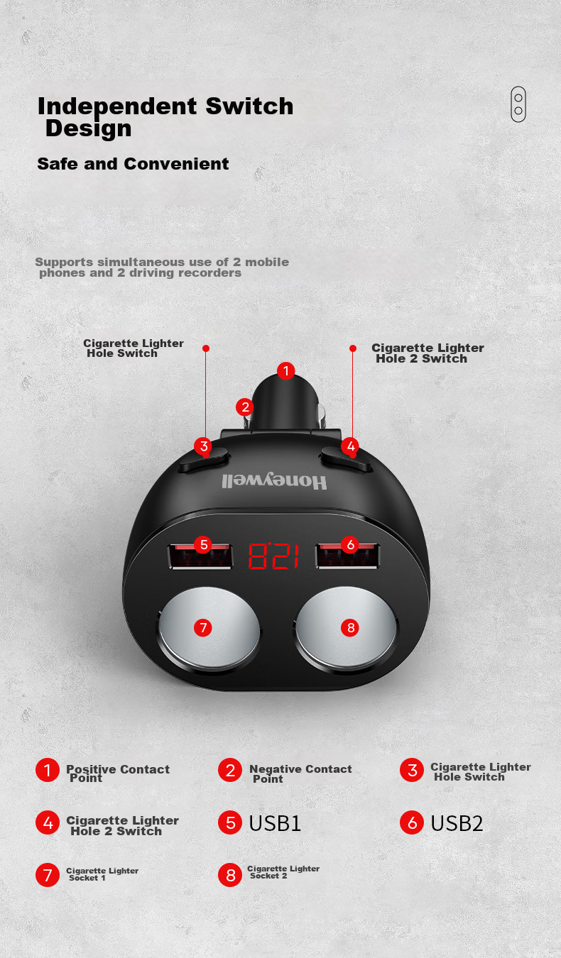 Honeywell Car Charger Cigarette Lighter Adapter, 300W Multifunctional Dual USB Expansion One-To/Two Fast Charging 2