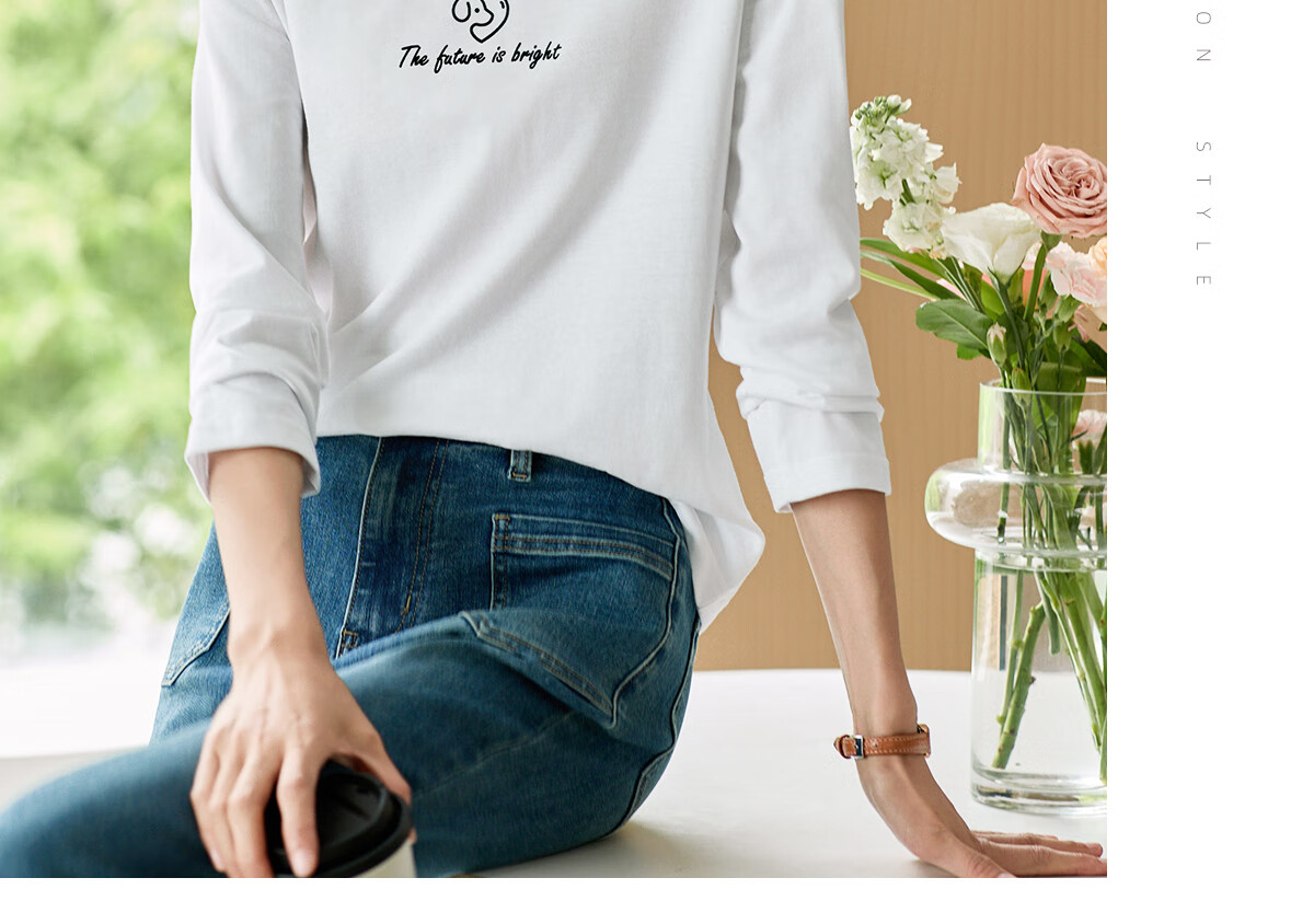 Chushen Women's Spring and Autumn Long Sleeve T-Shirt Pure Cotton Basic Loose Letter Print Crew Neck Top S143T2013 19
