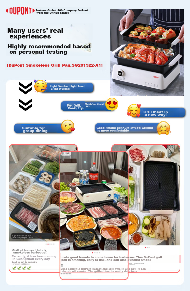 DU PONT Electric Grill Pan, Multifunctional Smokeless Ceramic Non-Stick Pot, Detachable Electric Hot Pot And Cooking Pot, for Home Use by 3-4 People, Grill And Hot Pot Combo (Grill Pan + Hot Pot) 5