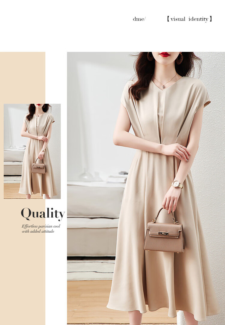 DME A-Line Skirt Summer Commuter V-Neck Short Sleeve Simple Mid-Length Dress for Women 14