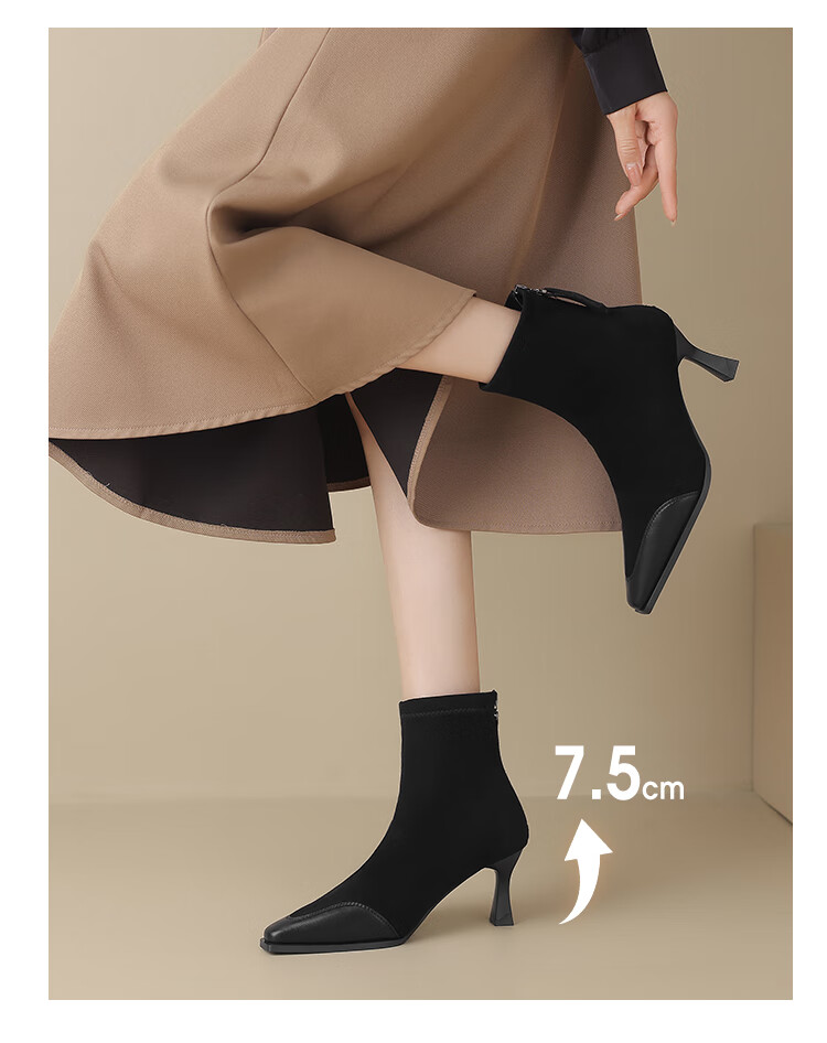 ZHR High Heel Ankle Boots for Women, Elegant Thin Heel Fleece-Lined Boots, Versatile Square-Toe Commuter Boots Y1007A Black Size 38 2