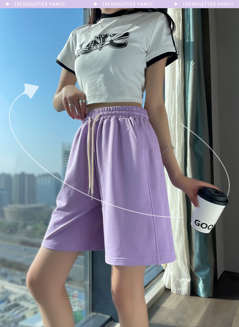 Huili Women's Sports Shorts for Outdoor Wear, Summer 2026 New Style Casual Knee-Length A-Line Pants, Plus Size Loose-Fitting High-Waist Pants for Curvy Women, Purple 1