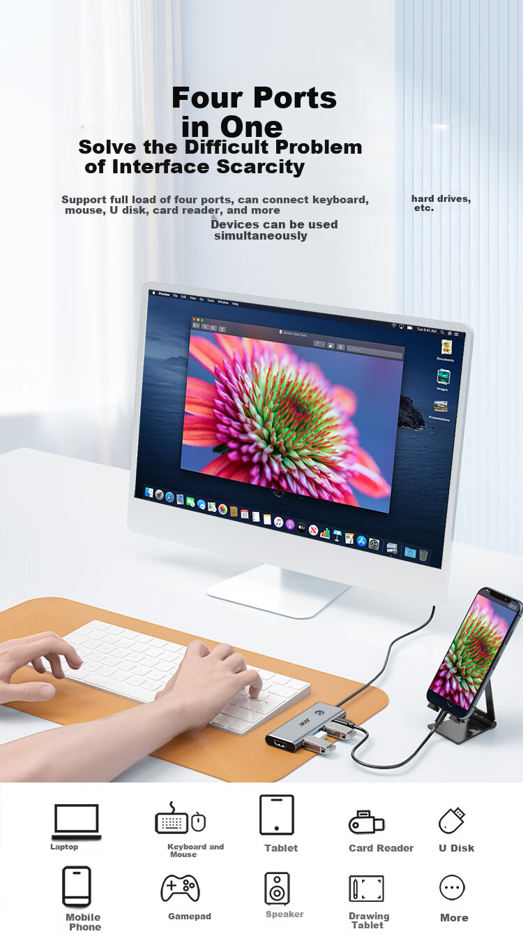Acer Type-C 7-In Expansion Dock USB3.0 Hub HDMI 60Hz Compatible with MacBook, Huawei Laptops And Tablets Converter with Card Reader Adapter 6