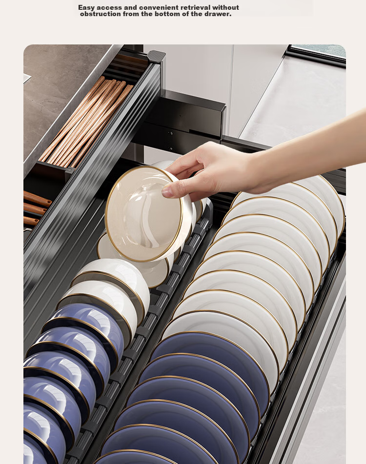 Cobbe Kitchen Pull-Out Basket Cabinet Drawer-Style Three-Tier Aluminum Alloy Bowl Rack, Pot And Chopstick Storage Shelf, Dish Organizer 10