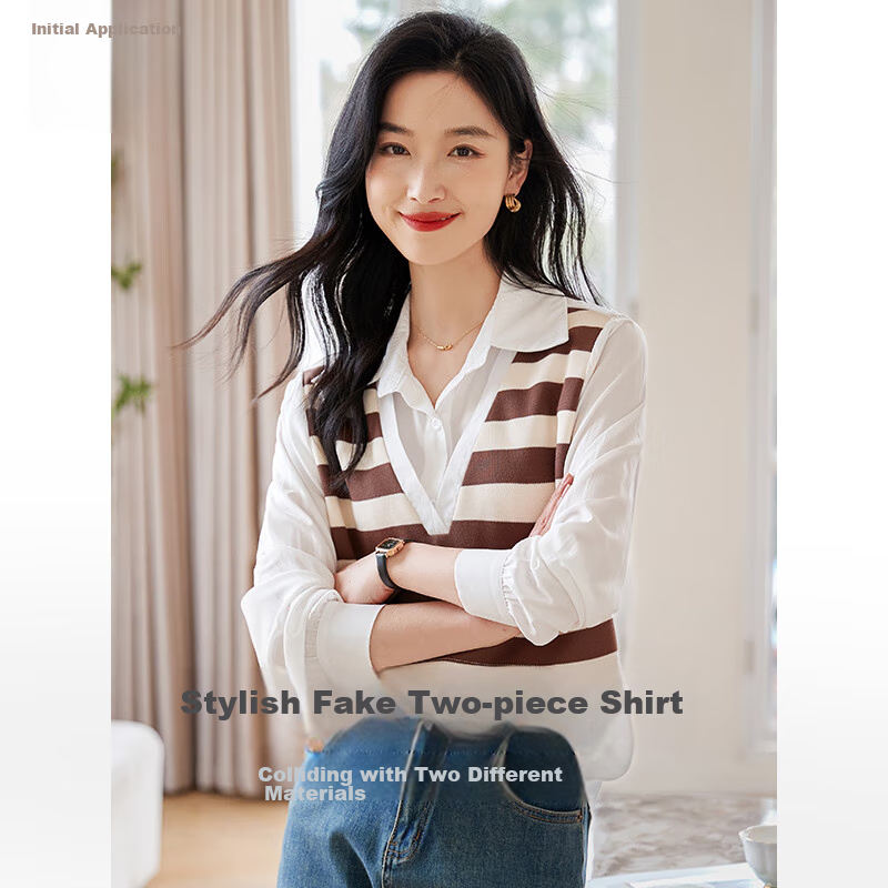 Chushen Thin Long-Sleeve Blouse for Women, Stylish Faux Two-Piece Striped Casual Shirt Top S13QC2942