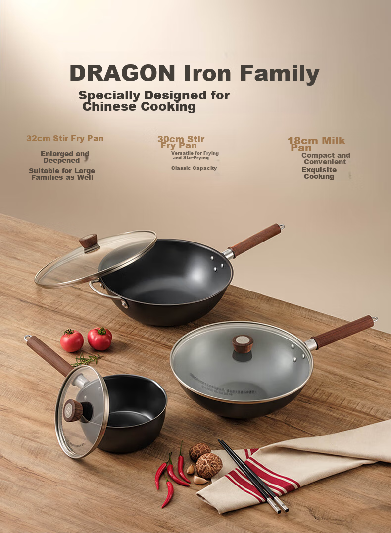ZWILLING Iron Wok Stir-Fry Pan Flat Bottom Non-Coated Chinese-Style Compatible with Induction And Gas Stoves Dragon Iron Wok Dragon32cm 16