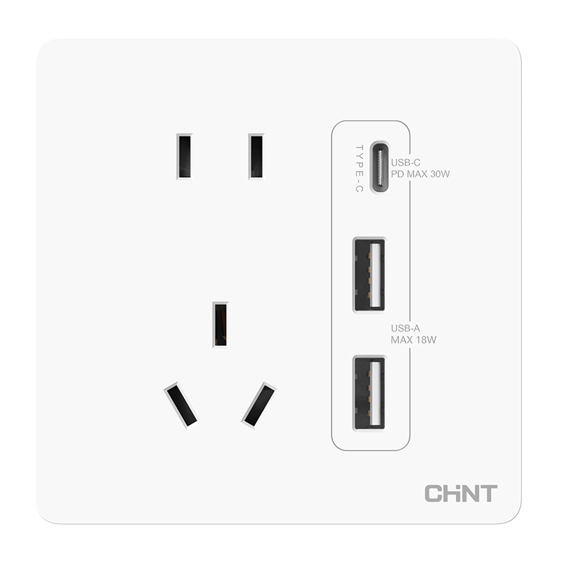 CHNT Switch Socket Five-Hole Socket with USB + Type-C 30W Fast Charging 6C Cream White