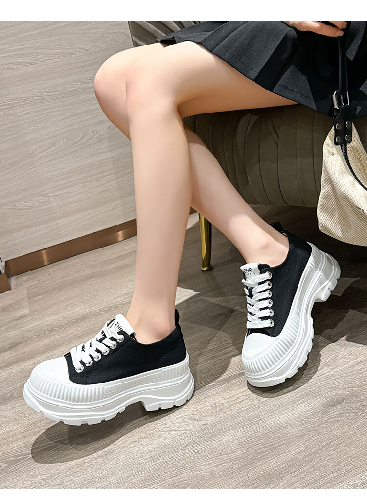 ZHR Canvas Shoes for Women, Lace-Up Thick-Soled Heightening Women's Shoes, Simple Versatile Casual Shoes, QT05 Black, Size 37 11