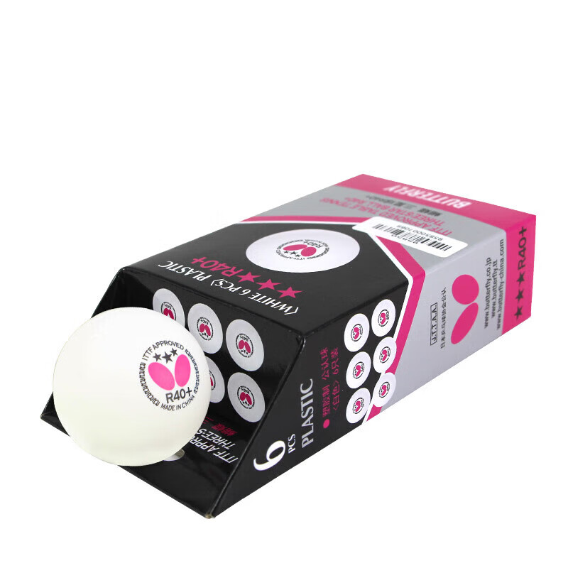 BUTTERFLY Three-Star Table Tennis Balls [6-Pack], Professional Competition Balls R40+, White with Seam