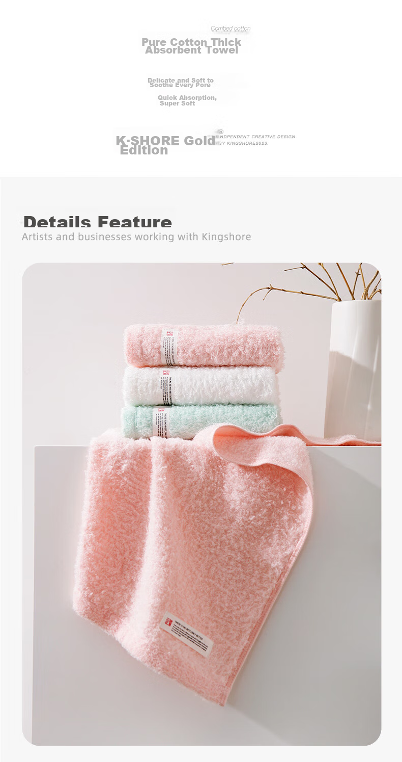 KING SHORE Towel, 100% Pure Cotton Face Towel, All-Cotton 60s High-Count Combed Cotton, Class A Sports Towel, 3 Pieces 4