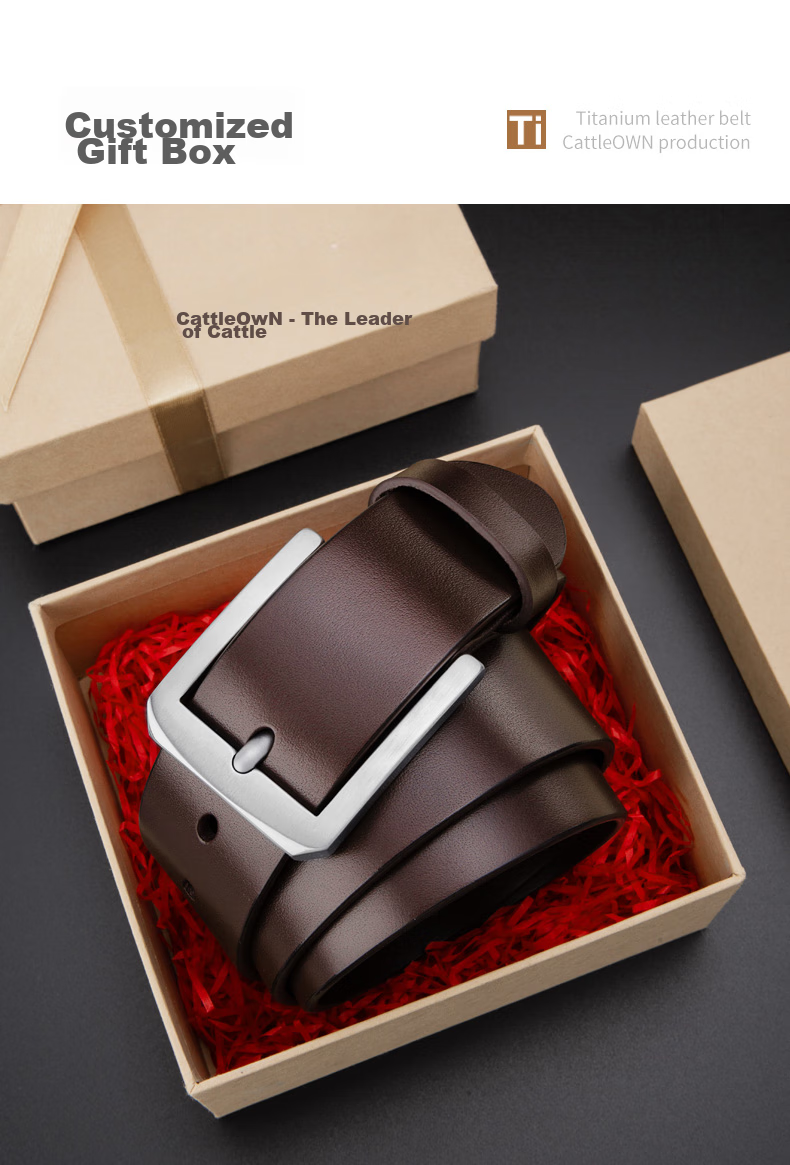 Cattlesboss Titanium Buckle Belt for Men, Luxury Top-Grain Leather Belt, Birthday Gift Box for Men, 3187, Deep Brown, 110cm 15