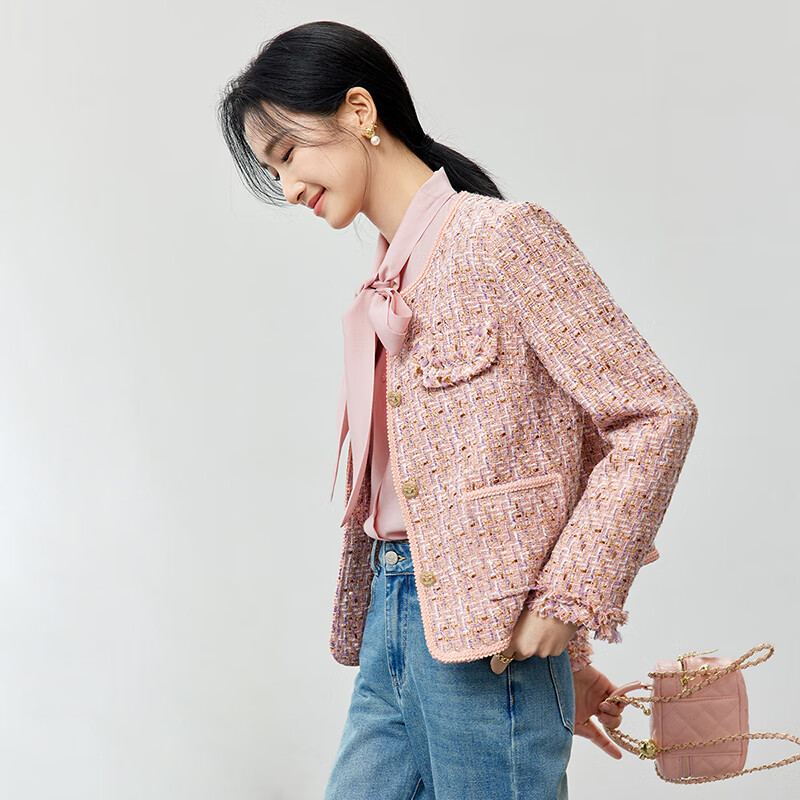 Sentubila Light Luxury Elegant Chanel-Style Short Jacket for Women, Spring And Autumn High-End Age-Reducing Women's Outerwear, Pink, Size S