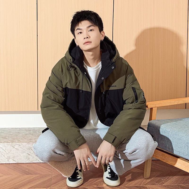 TonLion 2024 Men's Workwear Letter Embroidery Patchwork Hooded Cotton Jacket, Gray Lake Green, L