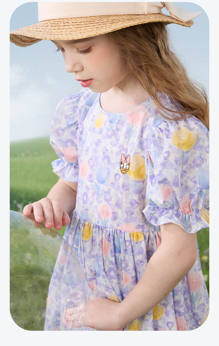 Disney Girls' Dress Children's Summer Cotton Princess Floral Dress Stylish Kidswear 2DQ040 Blue Size 160 12