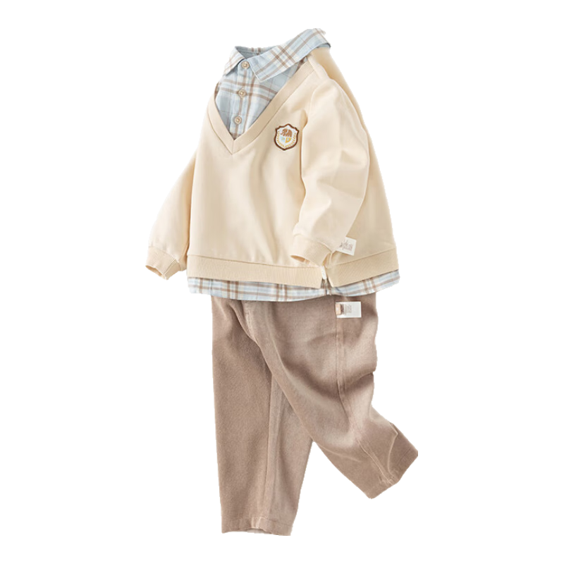 DAVE & BELLA Boys' Long Pants Set, Spring And Autumn Wear, Gentleman Preppy Style, Fake Two-Piece Shirt Set